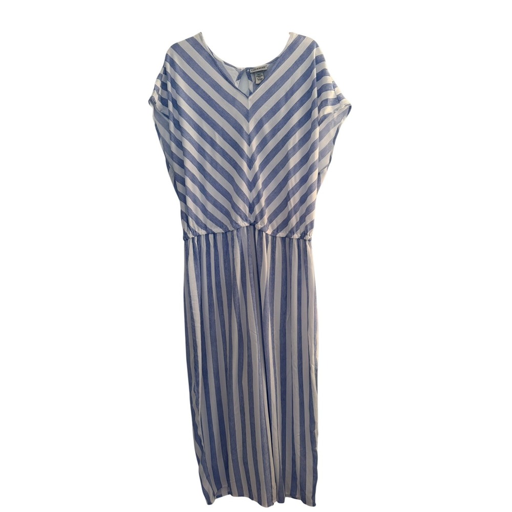 Catherines Blue White Chevron Striped Jumpsuit Plus Sz 20W Wide Leg Rayon Blend